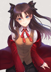 Rule 34 | 1girl, bad id, bad pixiv id, black ribbon, black skirt, blue eyes, breasts, brown hair, brown vest, coat, collared shirt, fate/stay night, fate (series), grey background, hair ribbon, head tilt, homurahara academy school uniform, kyoeiki, long hair, long sleeves, looking at viewer, medium breasts, navel, neck ribbon, off shoulder, open clothes, open coat, parted bangs, red coat, red ribbon, ribbon, school uniform, shirt, skirt, solo, straight hair, tohsaka rin, two side up, upper body, v-shaped eyebrows, vest, wing collar