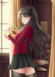 Rule 34 | 1girl, absurdres, aqua eyes, artist name, black hair, black ribbon, black thighhighs, bouquet, breasts, chair, commentary, curtains, day, english commentary, fate/stay night, fate (series), flower, from side, hair ribbon, hand up, highres, holding, holding bouquet, holding flower, indoors, lens flare, long hair, long sleeves, looking ahead, paid reward available, parted lips, patreon username, pleated skirt, red shirt, red sweater, ribbon, ryuuneart, shirt, sidelocks, skirt, solo, sunlight, sweater, table, thighhighs, tohsaka rin, two side up, wavy hair, window, zettai ryouiki