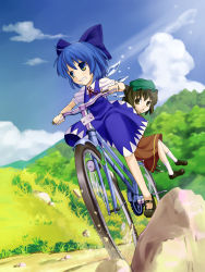 Rule 34 | 2girls, animal ears, bad id, bad pixiv id, bicycle, blue eyes, blue hair, bow, brown eyes, brown hair, cat ears, cat tail, chen, cirno, hair bow, hat, hidebo, multiple girls, multiple riders, multiple tails, short hair, tail, touhou, wings