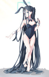 Rule 34 | 1girl, absurdly long hair, absurdres, alternate costume, animal ears, aris (blue archive), bare legs, barefoot, black bow, black bowtie, black leotard, blue archive, blue eyes, bow, bowtie, collarbone, detached collar, fake animal ears, fake tail, feet, flat chest, full body, halo, highres, leotard, long hair, looking at viewer, naretsuro, one side up, parted lips, playboy bunny, profile, rabbit ears, rabbit tail, standing, tail, thigh gap, thighs, toes, very long hair, wrist cuffs
