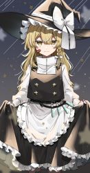 Rule 34 | 1girl, absurdres, apron, bandaid, bandaid on face, black hat, black skirt, blonde hair, bow, braid, frills, gradient background, grey background, hair between eyes, hat, hat bow, highres, kirisame marisa, light smile, long hair, long sleeves, looking at viewer, menou 2, shirt, simple background, single braid, skirt, solo, star (symbol), touhou, vest, waist apron, white apron, white bow, witch hat, yellow eyes