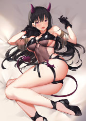 Rule 34 | 1girl, bare shoulders, black footwear, black gloves, black hair, blush, breasts, collarbone, demon girl, demon horns, demon tail, detached sleeves, gloves, hands up, high heels, horns, large breasts, long hair, looking at viewer, lying, o-ring, on side, open mouth, original, purple eyes, revealing clothes, see-through, sidelocks, solo, suzuame yatsumi, tail, thigh strap, thighs