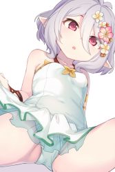 Rule 34 | 1girl, :o, commentary request, flower, grey hair, hair between eyes, hair flower, hair ornament, highres, hiroki (yyqw7151), kokkoro (princess connect!), kokkoro (summer) (princess connect!), one-piece swimsuit, pink eyes, pointy ears, princess connect!, short hair, simple background, sitting, solo, swimsuit, white background, white one-piece swimsuit