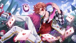 Rule 34 | 1boy, ace trappola, bird, card, facial mark, flamingo, game cg, grin, hedgehog, highres, jacket, looking at viewer, official art, open clothes, open jacket, orange hair, outdoors, pants, playing card, red vest, shoes, short hair, smile, solo, teeth, twisted wonderland, vest, white jacket, white pants