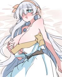 Rule 34 | 1girl, akitokage, anastasia (fate), bare shoulders, blue eyes, blush, breasts, cleavage, dress, fate/grand order, fate (series), hair over one eye, hairband, huge breasts, jewelry, long hair, looking at viewer, necklace, open mouth, pendant, smile, solo, very long hair, white dress, white hair