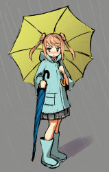 Rule 34 | &gt;:&lt;, 10s, 1girl, :&lt;, blonde hair, blue footwear, blush, boots, closed mouth, closed umbrella, coat, full body, grey background, hair bun, highres, holding, holding umbrella, kantai collection, karashi (tou gara shi), long sleeves, looking to the side, michishio (kancolle), open mouth, pleated skirt, rain, raincoat, rubber boots, short twintails, simple background, skirt, solo, triangle mouth, twintails, umbrella, v-shaped eyebrows, yellow eyes
