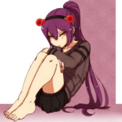 Rule 34 | 1girl, at2., barefoot, blush, closed mouth, collarbone, commentary request, highres, long hair, looking at viewer, minecraft, personification, ponytail, purple hair, red eyes, shorts, spider (minecraft), sweater, white background
