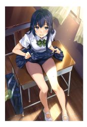 Rule 34 | 1girl, bag, black eyes, black hair, black skirt, blouse, bow, bowtie, chair, clothes lift, curtains, desk, full body, green bow, green bowtie, highres, lifted by self, long hair, looking at viewer, no socks, on desk, one-piece swimsuit, open mouth, original, pleated skirt, school bag, school chair, school desk, school swimsuit, school uniform, shirt, shoes, sitting, skirt, skirt lift, solo, swimsuit, swimsuit under clothes, table, tan (tangent), uwabaki, white shirt, window
