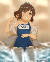Rule 34 | 10s, 1girl, brown eyes, brown hair, brown shirt, brown shorts, capriccyo, clothes pull, unworn clothes, dress shirt, hair ornament, hairclip, highres, i-401 (kancolle), kantai collection, lying, name tag, one-piece swimsuit, one-piece tan, open clothes, ponytail, sailor collar, sand, shirt, short ponytail, shorts, shorts pull, solo, swimsuit, swimsuit under clothes, tan, tanline, water