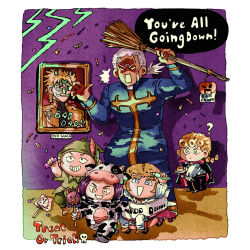 Rule 34 | 6+boys, aged down, airplane costume, animal costume, blonde hair, broom, brothers, candy, cape, cassock, child, confetti, cosplay, cow costume, dark-skinned male, dark skin, dio brando, donatello versus, drawing (object), enrico pucci, fake facial hair, fake mustache, family, food, giorno giovanna, halloween, halloween costume, hat feather, holding, holding candy, holding food, holding lollipop, jojo no kimyou na bouken, kotobawa, lollipop, marker, multiple boys, peter pan, peter pan (character), peter pan (character) (cosplay), ponytail, priest, pudding, rikiel, siblings, sideburns, stone ocean, surprised, ungaro, vampire costume, white hair