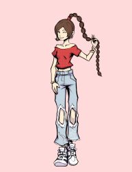 Rule 34 | 1girl, absurdres, avatar: the last airbender, avatar legends, bracelet, brown hair, denim, earrings, female focus, full body, highres, jeans, jewelry, pants, parody, ponytail, red nails, red shirt, shirt, solo, style parody, subarashiki kono sekai, torn clothes, torn jeans, torn pants, ty lee, white footwear
