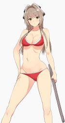 Rule 34 | 10s, 1girl, amagi brilliant park, bad id, bad twitter id, bikini, blush, breasts, brown hair, cleavage, collarbone, female focus, groin, gun, hair ribbon, hand on thigh, hareno chiame, holding, holding gun, holding weapon, large breasts, long hair, looking at viewer, musket, navel, o-ring, o-ring top, red bikini, ribbon, sento isuzu, simple background, solo, sweatdrop, swimsuit, weapon, white background, yellow eyes