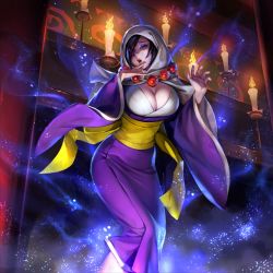 Rule 34 | 1girl, breasts, capcom, cleavage, eyeshadow, highres, japanese clothes, large breasts, makeup, official art, ookami (game), rao, solo, teppen