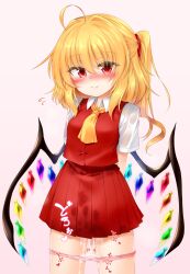 Rule 34 | 1girl, :d, aftersex, ahoge, arms behind back, ascot, blush, breasts, closed mouth, commentary request, cowboy shot, crystal, cum, cumdrip, fang, fang out, flandre scarlet, flying sweatdrops, grey background, highres, looking at viewer, marukyuu ameya, medium breasts, medium hair, no headwear, one side up, open mouth, panties, petite, pleated skirt, red eyes, red skirt, red vest, short sleeves, simple background, skin fang, skirt, skirt set, smile, solo, touhou, underwear, vest, wing collar, wings, yellow ascot
