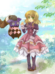 Rule 34 | 1boy, 1girl, alvin (tales), black gloves, boots, bow, brown hair, creature, cropped jacket, dress, elize lutus, frills, full body, gloves, green eyes, hand on another&#039;s head, ichitaro (ybj/web), purple footwear, ribbon, short hair, tales of (series), tales of xillia, teepo (tales)