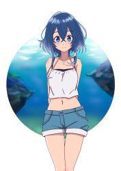 Rule 34 | 1girl, arms behind back, blue eyes, blue hair, blue shorts, braid, camisole, closed mouth, cowboy shot, denim, denim shorts, halterneck, highres, jewelry, looking at viewer, midriff, misakino kukuru, navel, necklace, shell hair ornament, shiroi suna no aquatope, short hair, short shorts, shorts, side braid, sin rg, smile, solo, standing, white camisole