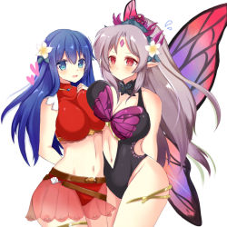 Rule 34 | 2girls, arms behind back, blue hair, blush, breast press, breasts, caeda (fire emblem), cleavage, fire emblem, fire emblem heroes, large breasts, legs, long hair, looking at viewer, multiple girls, navel, nervous, nintendo, one-piece swimsuit, plumeria (fire emblem), pointy ears, ponytail, smile, swimsuit, tagme, thigh strap, thighs, tiara, very long hair, wings