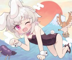 Rule 34 | 1girl, ;d, animal, animal ears, bare shoulders, bird, black footwear, black leotard, blush, bow, bowtie, breasts, collar, commentary request, detached collar, egasumi, eggplant, fang, food, full body, grey hair, hand up, hatsuyume, hawk, high heels, highres, kemonomimi mode, kibisake, leotard, looking at viewer, mount fuji, new year, one eye closed, open mouth, original, paw pose, pink bow, pink bowtie, pink eyes, playboy bunny, rabbit ears, rabbit tail, shoes, short eyebrows, shouryouuma, small breasts, smile, solo, strapless, strapless leotard, sun, tail, thick eyebrows, torii koyomi, white collar, wrist cuffs