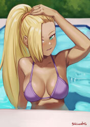 Rule 34 | 1girl, arm up, artist name, bare arms, bikini, blonde hair, blurry, blurry background, breasts, cleavage, collarbone, day, green eyes, grin, hair over one eye, hand on own head, highres, large breasts, long hair, looking at viewer, naruto (series), naruto shippuuden, outdoors, ponytail, pool, purple bikini, shinsaku (stan-art), shiny skin, smile, solo, summer, swimsuit, upper body, very long hair, yamanaka ino