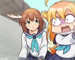 2girls absurdres ahoge antlers aqua_neckerchief blonde_hair blue_neckerchief blue_sailor_collar brown_hair deer deer_antlers deer_girl derivative_work fede_x_rojas green_eyes hair_flaps highres horns koshi_torako long_hair long_sleeves mask meme mouth_mask multiple_girls neckerchief open_mouth photo-referenced purple_eyes sailor_collar school_uniform serafuku shikanoko_noko shikanoko_nokonoko_koshitantan shirt short_hair surprised sweatdrop white_shirt