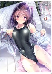 Rule 34 | 1girl, absurdres, beach chair, blush, breasts, brown hair, collarbone, competition swimsuit, covered navel, fingernails, hair ornament, hair scrunchie, highleg, highleg swimsuit, highres, jacket, kobayashi chisato, looking at viewer, medium breasts, off shoulder, one-piece swimsuit, open clothes, original, page number, parted lips, purple eyes, scan, scrunchie, shiny skin, side ponytail, simple background, sitting, solo, swimsuit, water, water drop, wet