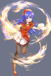 Rule 34 | 1girl, blue eyes, blue hair, book, boots, bracelet, capelet, commentary request, fire, fire emblem, fire emblem: the binding blade, hair between eyes, highres, holding, holding book, jewelry, leg up, lilina (fire emblem), long hair, looking at viewer, nichika (nitikapo), nintendo, open mouth, outstretched arms, pantyhose, plaid, plaid skirt, red headwear, red shirt, shirt, simple background, skirt, sleeveless, sleeveless shirt, smile, solo, white skirt