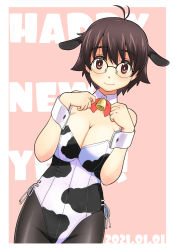 Rule 34 | 1girl, animal ears, animal print, antenna hair, text background, black eyes, black hair, black pantyhose, border, breasts, cleavage, closed mouth, commentary, cow ears, cow print, dated, detached collar, dutch angle, fake animal ears, glasses, happy new year, large breasts, leotard, looking at viewer, neck bell, neck ribbon, new year, nontraditional playboy bunny, original, outside border, over-rim eyewear, pantyhose, pink background, playboy bunny, print leotard, red ribbon, ribbon, round eyewear, semi-rimless eyewear, short hair, side-tie leotard, smile, solo, standing, strapless, strapless leotard, uona telepin, white border, white leotard, wrist cuffs