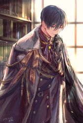Rule 34 | 1boy, aiguillette, bad id, bad pixiv id, belt, black gloves, black hair, blue eyes, bookshelf, buttons, cape, coat, commentary request, cowboy shot, dated, day, double-breasted, frilled sleeves, frills, fur-trimmed cape, fur trim, gem, gloves, hair between eyes, holding, indoors, jewelry, kiss, leaning forward, light particles, long sleeves, neck ribbon, original, out of frame, purple ribbon, ribbon, see-through, sila (carpen), smile, solo focus, veil, window