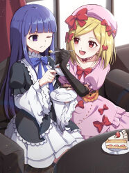 2girls beret blonde_hair blue_bow blue_bowtie blue_hair bow bowtie cake cake_slice cowboy_shot cup dress fang food fork frederica_bernkastel hair_between_eyes hat highres holding holding_cup holding_fork ice_cream_(aisu_aisu_9898) indoors lambdadelta light_blush lolita_fashion long_hair multiple_girls one_eye_closed pink_dress purple_eyes red_eyes sidelocks sitting smile table teacup umineko_no_naku_koro_ni variant_set wide_sleeves window