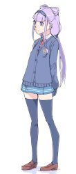 Rule 34 | 10s, 1girl, akinbo (hyouka fuyou), arm behind back, black hairband, blue eyes, blue skirt, blue thighhighs, blunt bangs, brown footwear, cardigan, cone hair bun, double bun, full body, grey cardigan, hair bun, hairband, highres, hugtto! precure, loafers, long hair, long sleeves, miniskirt, necktie, pleated skirt, precure, purple hair, red necktie, ruru amour, school uniform, shirt, shoes, sidelocks, simple background, skirt, solo, standing, thighhighs, twintails, white background, white shirt, zettai ryouiki