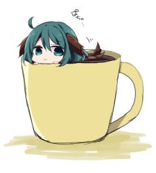 Rule 34 | 1girl, :3, ahoge, animal ears, chibi, coffee cup, cup, disposable cup, dog ears, dog tail, green eyes, green hair, in container, in cup, kasodani kyouko, matching hair/eyes, short hair, solo, tail, touhou, uguisu mochi (ykss35)