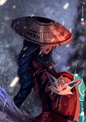 Rule 34 | 1girl, ahri (league of legends), animal, artist name, black hair, blurry, blurry background, brown hat, closed mouth, covered eyes, drill hair, facial mark, from side, hat, hayashidraws, highres, holding, holding animal, japanese clothes, kimono, league of legends, long sleeves, red lips, snowing, solo, straw hat, whisker markings, wide sleeves