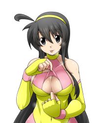 Rule 34 | 1girl, ahoge, bare shoulders, black eyes, black hair, breasts, cleavage, cleavage cutout, clothing cutout, collarbone, commentary request, elbow gloves, eyebrows, fingerless gloves, gloves, hairband, heavy breathing, highres, large breasts, leotard, long hair, looking at viewer, multicolored clothes, multicolored gloves, multicolored leotard, ninoita rina, original, paizuri invitation, pixiv wrestling association, presenting, sakasa gurasan, sideboob, smile, solo, standing, sweat, sweatdrop, tongue, tongue out, upper body, white background, wrestling outfit, yellow hairband