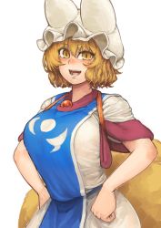 Rule 34 | 1girl, :d, absurdres, animal ears, animal hat, blonde hair, breasts, brooch, chanta (ayatakaoisii), cowboy shot, fox ears, hands on own hips, hat, highres, huge breasts, jewelry, looking at viewer, mob cap, open mouth, shirt, short hair, short sleeves, simple background, skirt, slit pupils, smile, solo, tabard, touhou, upper body, white background, white hat, white shirt, white skirt, yakumo ran, yellow eyes