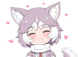 Rule 34 | 1girl, :3, ^ ^, animal ear fluff, animal ears, blush, closed eyes, dog (mixed breed) (kemono friends), dog ears, dog tail, extra ears, facing viewer, fang, fang out, grey hair, grey jacket, harness, heart, jacket, kemono friends, multicolored hair, portrait, ransusan, scarf, short hair, simple background, solo, sweater, tail, tail wagging, two-tone hair, white background, white hair, white sweater