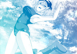 Rule 34 | 1girl, alternate costume, armpits, blue theme, blush, boots, breasts, commentary request, day, flat cap, full body, hair between eyes, hair bobbles, hair ornament, hat, highres, jumping, kagiyama shachou, kawashiro nitori, large breasts, looking at viewer, medium hair, monochrome, open mouth, outdoors, river, rubber boots, school swimsuit, sideboob, sidelocks, smile, solo, swimsuit, touhou, tree, two side up, water, water drop