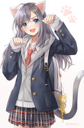 Rule 34 | 1girl, absurdres, animal ears, arms up, backpack, bag, bag charm, black jacket, blazer, blue eyes, blush, cat ears, cat girl, cat tail, charm (object), collared shirt, cowboy shot, drawstring, grey jacket, grey skirt, hair ornament, hairclip, highres, hood, hood down, hooded jacket, jacket, long hair, long sleeves, miniskirt, necktie, open clothes, open jacket, open mouth, original, paw pose, plaid, plaid skirt, pleated skirt, red necktie, school uniform, shirt, silver hair, skirt, sleeves past wrists, solo, striped necktie, striped neckwear, sukuemon, sweat, swept bangs, tail, teeth, twitter username, unbuttoned, upper teeth only, v-shaped eyebrows, white shirt, zipper pull tab