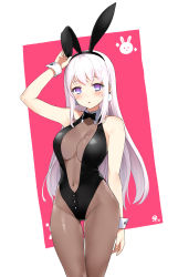 Rule 34 | 1girl, :o, animal ears, arm up, armpits, bare shoulders, black bow, black bowtie, black hairband, black leotard, bow, bowtie, breasts, brown pantyhose, center opening, cleavage, covered navel, cowboy shot, earrings, fake animal ears, gluteal fold, groin, hairband, highres, jewelry, juke, large breasts, leotard, looking at viewer, original, pantyhose, parted lips, playboy bunny, pom pom (clothes), pom pom earrings, purple eyes, rabbit ears, sidelocks, solo, thigh gap, two-tone background, white hair, wrist cuffs