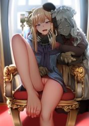 Rule 34 | 2girls, :d, barefoot, black legwear, blonde hair, blue dress, blue eyes, blush, bottomless, brown gloves, censored, chair, cleft of venus, clothes lift, day, dress, dress lift, fate/grand order, fate (series), feet, feet on chair, flower, frills, fur collar, ginhaha, gloves, hair flower, hair ornament, half-closed eyes, highres, indoors, knee up, long hair, long sleeves, looking at viewer, lord el-melloi ii case files, maid, mosaic censoring, multiple girls, no panties, no shoes, open mouth, pantyhose, pussy, reaching, reaching towards viewer, reines el-melloi archisorte, sitting, smile, sunlight, toes, trimmau (fate), tsurime, window