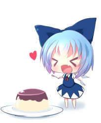 Rule 34 | &gt; &lt;, 1girl, :d, > <, akisha, bad id, bad pixiv id, blue dress, blue hair, bow, cirno, closed eyes, dress, fang, food, hair bow, heart, ice, ice wings, open mouth, plate, pudding, puffy sleeves, shirt, short sleeves, simple background, smile, solo, spoon, touhou, white background, wings, xd