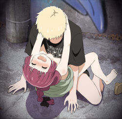 Rule 34 | 1boy, 1girl, alley, bare arms, bare shoulders, barefoot, black shirt, blonde hair, blush, bocchi the rock!, braid, braided ponytail, breasts, closed eyes, clothed sex, concrete, dress, drunk, fang, feet, green dress, happy, happy sex, hetero, hiroi kikuri, hug, kumi (pixiv75032269), nipples, open mouth, outdoors, red hair, sex, shirt, short sleeves, skull print, small breasts, spread legs, toes
