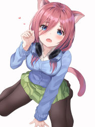 Rule 34 | 1girl, absurdres, animal ear fluff, animal ears, arm up, between legs, black pantyhose, blouse, blue cardigan, blue eyes, blush, breasts, cardigan, cat ears, cat girl, cat tail, claw pose, collared shirt, commentary, eyes visible through hair, fang, go-toubun no hanayome, green skirt, hair between eyes, hand between legs, headphones, headphones around neck, heart, highres, k.j., long hair, long sleeves, looking at viewer, medium breasts, nakano miku, no shoes, open mouth, pantyhose, pleated skirt, red hair, shirt, simple background, sitting, skin fang, skirt, solo, symbol-only commentary, tail, wariza, white background, white shirt