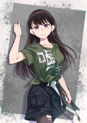 Rule 34 | 1girl, absurdres, awa subaru, bang dream!, bang dream! it&#039;s mygo!!!!!, belt, black hair, black pantyhose, black shorts, brown hair, clenched teeth, collarbone, commentary, drumsticks, earrings, english commentary, girls band cry, green shirt, hand up, highres, holding, holding drumsticks, instrument connection, jewelry, long hair, long sleeves, looking at viewer, mole, mole under eye, open mouth, original, pantyhose, pantyhose under shorts, pinky out, purple eyes, raito taisha, shiina taki, shirt, short sleeves, shorts, solo, teeth, tied shirt, torn clothes, torn pantyhose, white belt