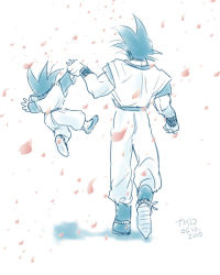 Rule 34 | 2010, 2boys, black hair, boots, dated, dougi, dragon ball, dragonball z, facing away, father and son, full body, hanging, height difference, holding hands, long sleeves, male focus, monochrome, multiple boys, petals, pink petals, shadow, short hair, simple background, son goku, son goten, spiked hair, standing, white background, wind, wristband