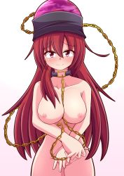 Rule 34 | 1girl, alternate hair length, alternate hairstyle, aospanking, bare arms, bare legs, bare shoulders, blush, breasts, chain, choker, closed mouth, collarbone, commentary request, gold chain, gradient background, grey choker, grey headwear, hair between eyes, hecatia lapislazuli, highres, large breasts, long hair, looking away, nipples, pink background, pink eyes, purple headwear, red eyes, red hair, solo, standing, touhou, white background