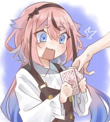 Rule 34 | 1other, ^^^, blue eyes, blue hair, blush, card, commentary, constricted pupils, grabbing, gradient hair, hairband, highres, holding, holding card, isobee, long sleeves, meika hime, multicolored hair, open mouth, out of frame, pink hair, playing card, shirt, streaked hair, surprised, suspenders, sweat, tears, thick eyebrows, vocaloid, wavy mouth, white shirt