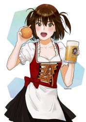 Rule 34 | 1girl, absurdres, alcohol, beer, beer mug, blush, brown eyes, brown hair, commentary, cup, dirndl, food, fruit, german clothes, hair between eyes, highres, holding, kantai collection, lips, looking at viewer, medium hair, mug, open mouth, orange (fruit), sendai (kancolle), solo, symbol-only commentary, twitter username, two side up, yoshizawa tamae