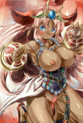 Rule 34 | 1girl, bad id, bad pixiv id, blue eyes, blush, bottomless, bracelet, bracer, breasts, breasts out, clenched hand, colored pubic hair, dark-skinned female, dark skin, egyptian, female pubic hair, hair tubes, hathor (p&amp;d), headdress, horns, jewelry, kneeling, large breasts, long hair, looking at viewer, necklace, nipples, pink hair, pubic hair, puzzle &amp; dragons, sandals, smile, solo, sweat, very long hair, yohane