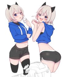 Rule 34 | 1girl, :d, androgynous, animal ears, ass, bare shoulders, black legwear, black panties, black shirt, black shorts, blue eyes, blue hoodie, cat ears, clenched hand, crop top, cup, dolphin shorts, drink, drinking glass, fang, grey hair, highres, holding, holding cup, hood, hooded vest, hoodie, konbu (hida123), looking at viewer, micro shorts, midriff, multiple views, navel, open mouth, original, panties, shirt, short hair, short shorts, shorts, smile, underwear, vest