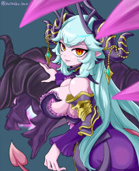 Rule 34 | breasts, demon girl, demon horns, demon queen lilith, dress, guardian tales, highres, horns, large breasts, looking at viewer, purple dress, suikabo